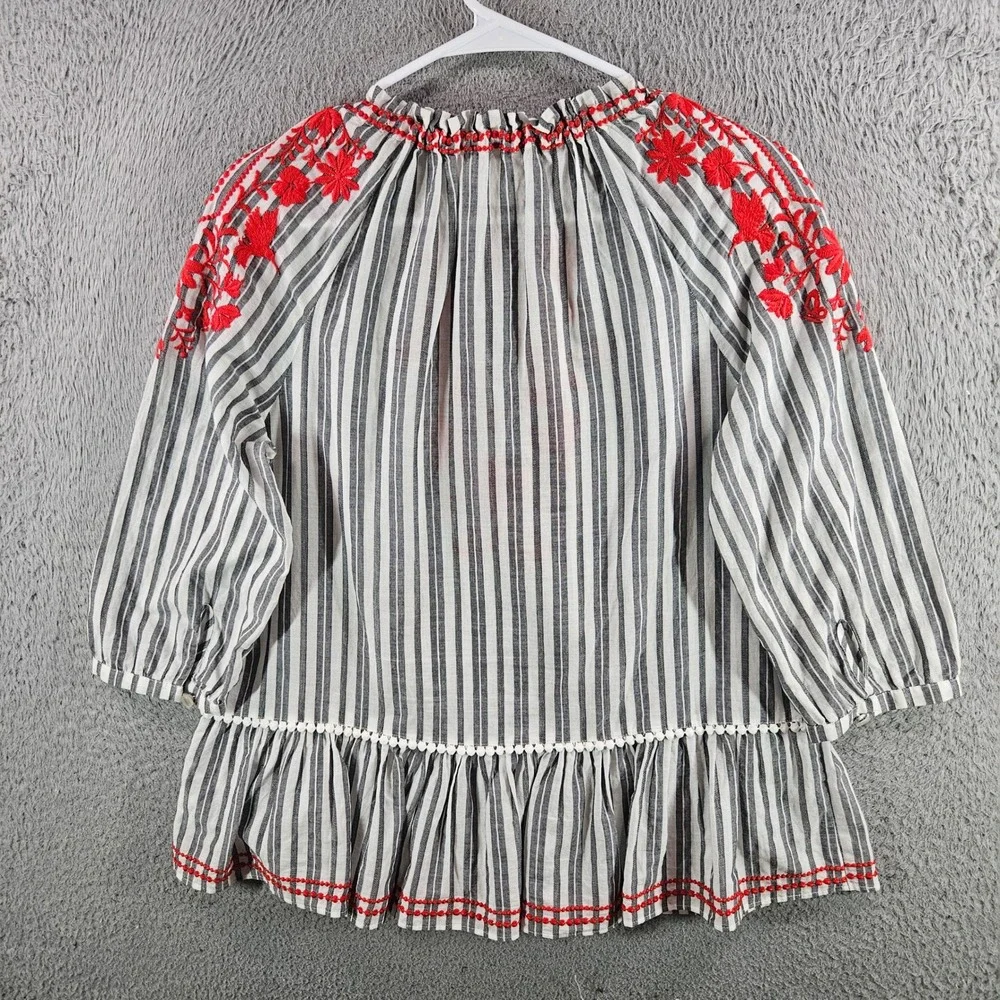 Kate Spade Broome Street Embroidered Striped Peplum Blouse Black White Red XS